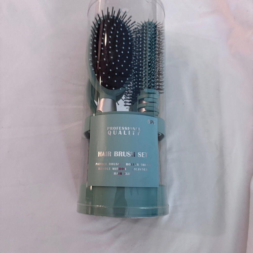 New 5 piece Teal Hair Brushes, Clip, Mirror, Set